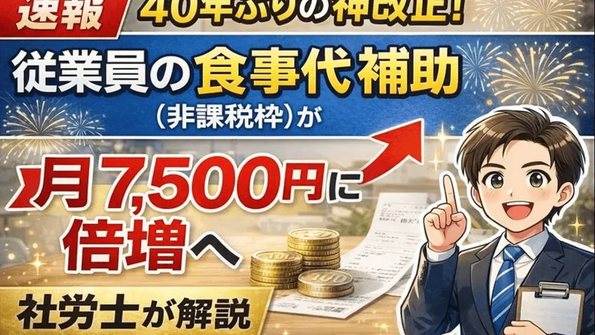 【速報】40年ぶりの神改正！従業員の食事代補助（非課税枠）が月7,500円に倍増へ。社労士が解説